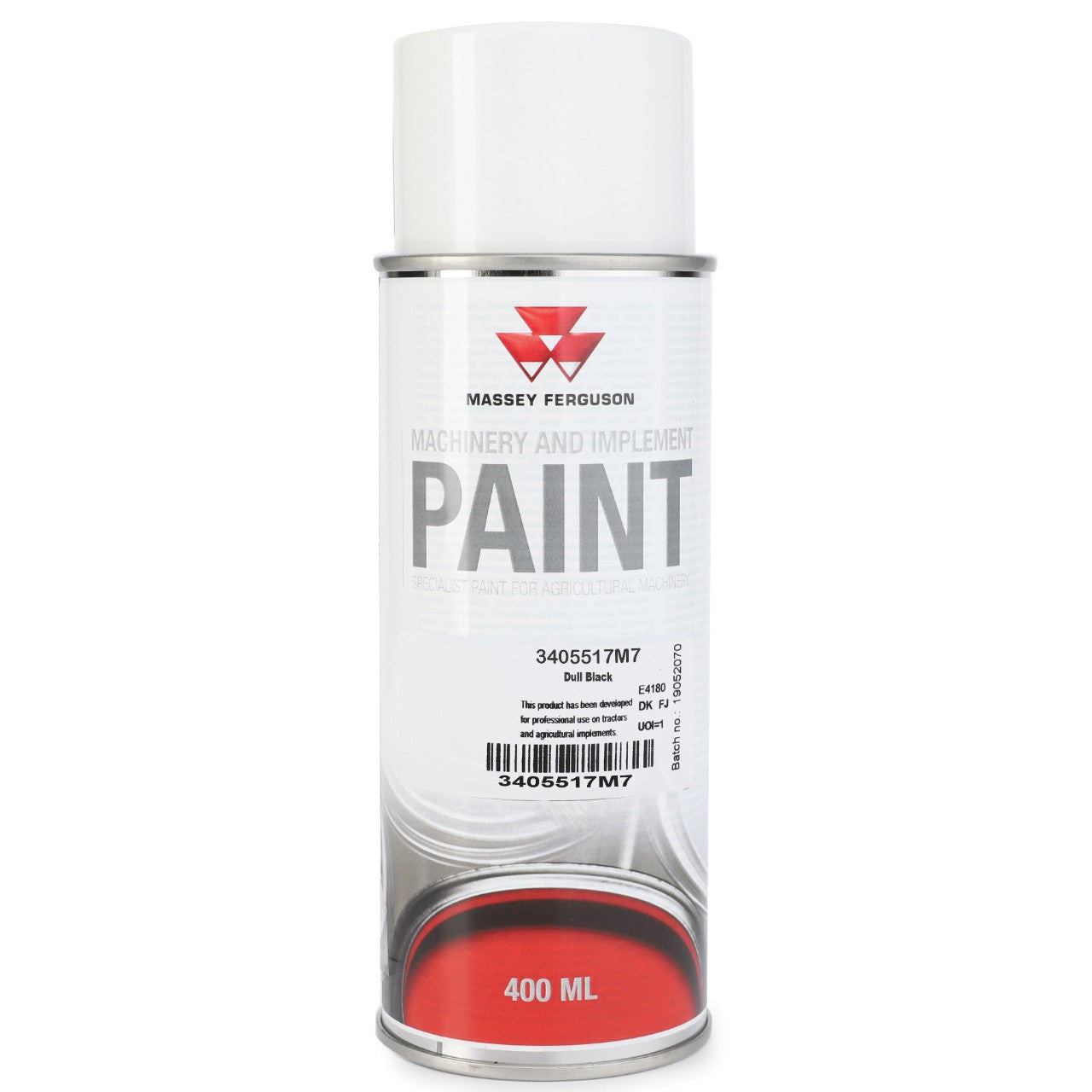 A 400 ml spray can of AGCO Mf Dull Black aerosol paint (product code 3405517M7), perfect for quick-drying applications on metal surfaces. The can features a red and white label with the AGCO brand logo and detailed product information.