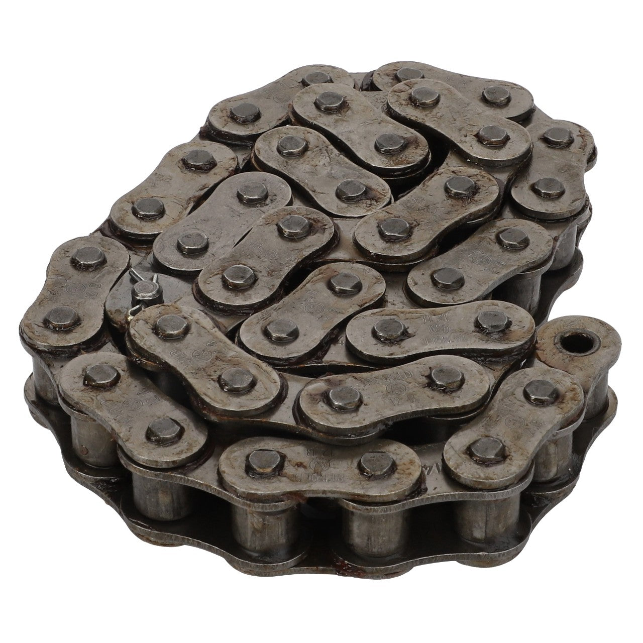 A coiled AGCO | Roller Chain Swath Gear - Fel111172 bicycle chain, featuring greased links and pins, is displayed on a white background, highlighting its high fatigue strength and exceptional engineering and manufacturing from AGCO.