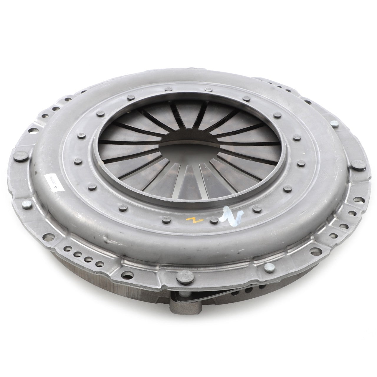 The AGCO Clutch Cover Assy - 4303327M1 by AGCO is a genuine metallic automotive clutch pressure plate, featuring a central diaphragm spring and bolt holes around the perimeter, specifically designed for mechanical and tractor clutch systems.