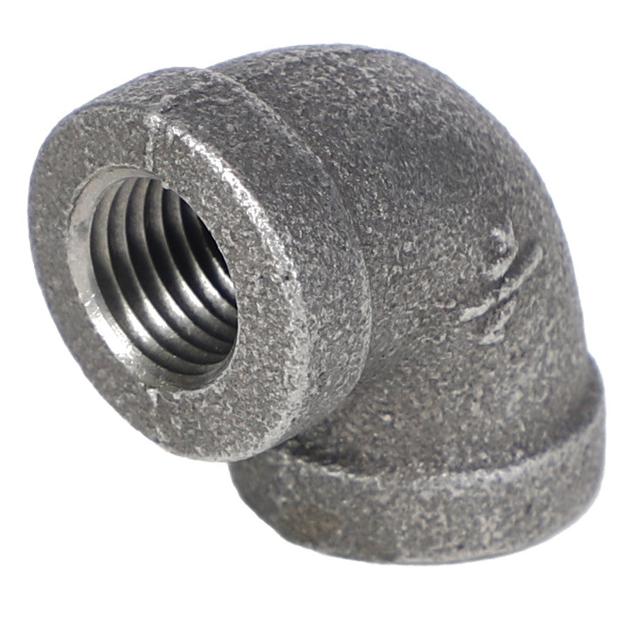 The AGCO | ELBOW - AG555215 is a metallic, threaded 90-degree elbow pipe fitting, commonly used in plumbing or industrial piping applications.