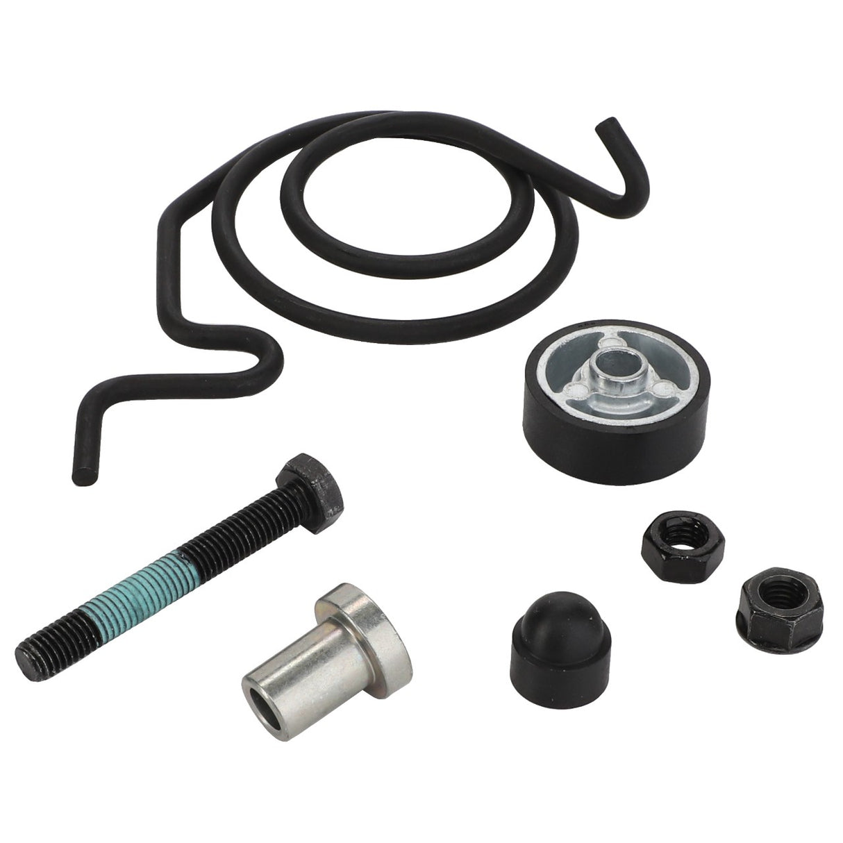 The AGCO | CARRIER - F718501030030, designed for Vario compatibility with Fendt models, features a coil spring, bolt, metal spacer, pulley wheel, black cap, and two nuts displayed on a white background.