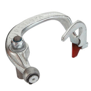 Introducing the AGCO Knife Arm - Acp0567090, a metal beam clamp designed with a hook end and a red plastic tip. (No Current Product Description Available)