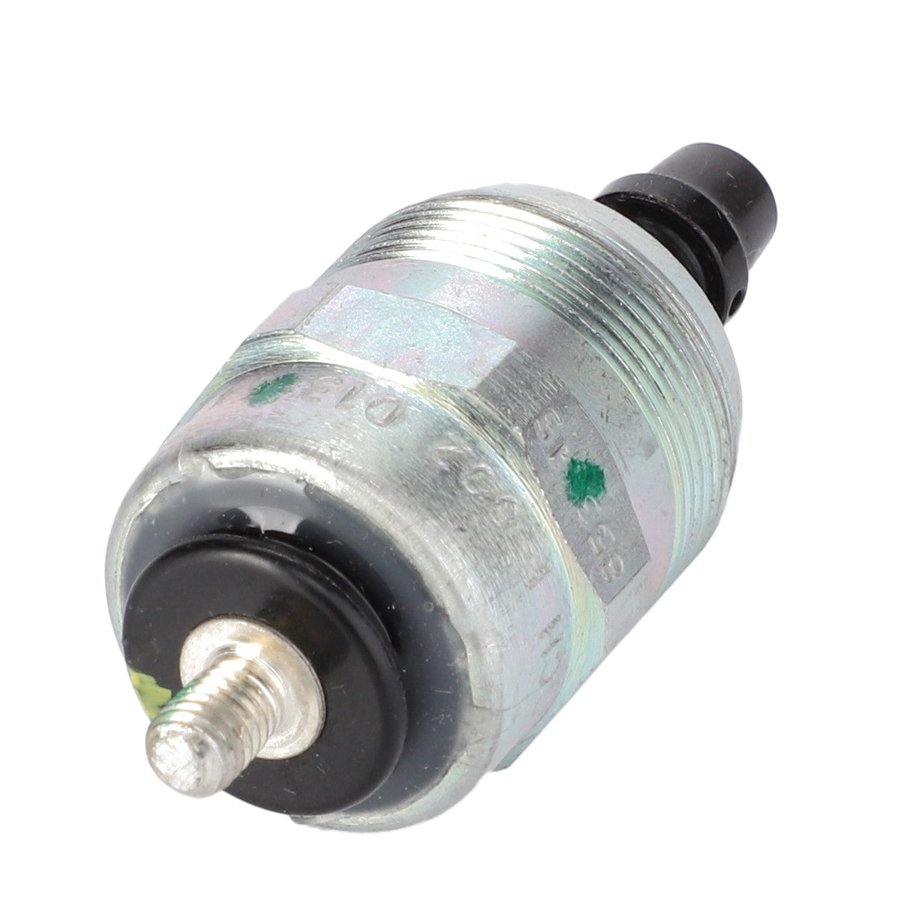 A metallic cylindrical component with threaded ends and a black rubber tip, identified as the AGCO Stop Solenoid - V836662531, possibly an automotive or industrial sensor compatible with Massey Ferguson models.