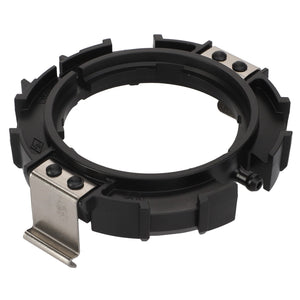 The AGCO Sliding Ring - F650633070310 by AGCO is a black and silver tool made of plastic and metal, featuring multiple grooves and a clamp.