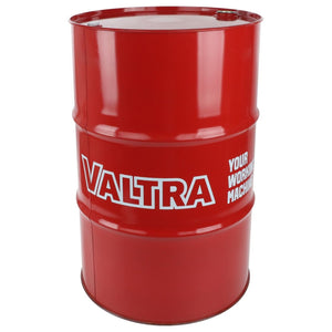 A red metal barrel labeled "Oil - VACC3008" from AGCO, bearing the text "VALTRA YOUR WORKING MACHINE," stands sturdily, evoking the robust machinery associated with Massey Ferguson and Fendt.