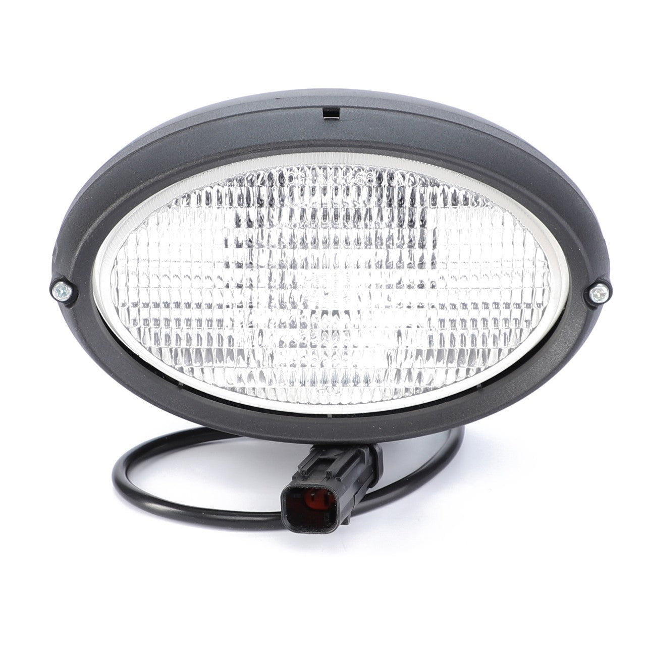 The AGCO Work Light, model 4291311M91, is an oval-shaped vehicle headlight featuring a clear lens, black outer casing, and an attached electrical connector cable. It includes a 12V 55W H3 bulb and is suitable for Massey Ferguson models.