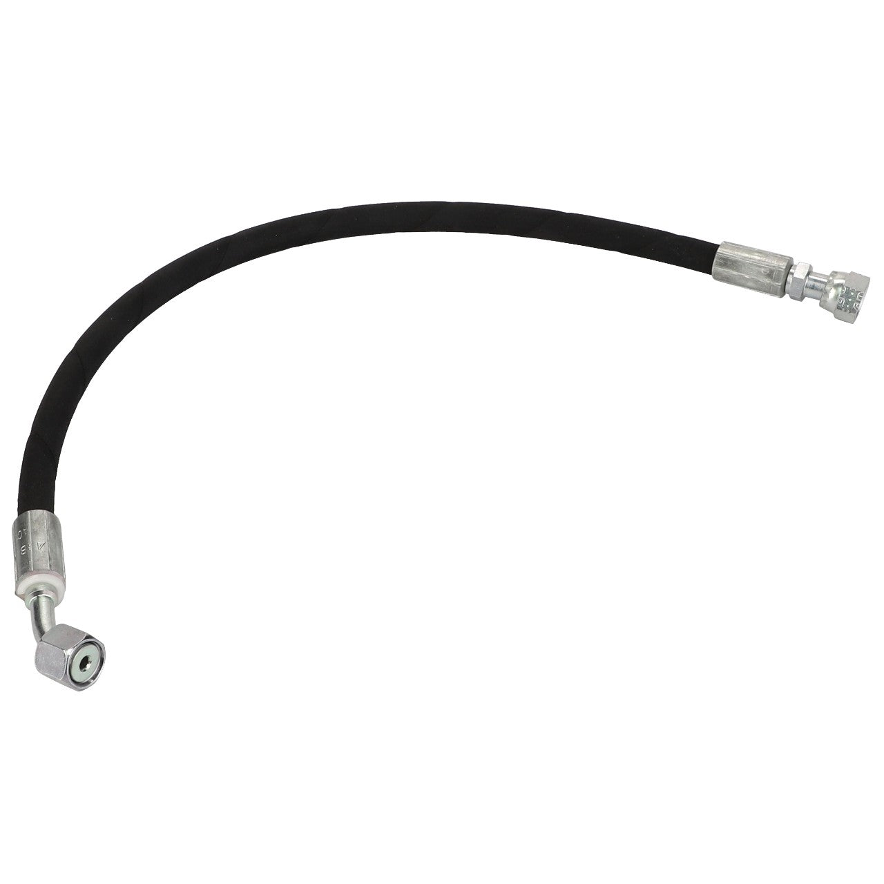 An AGCO Hydraulic Hose - Acw2783370 in black, featuring flexible construction and metal fittings on both ends, is displayed against a plain white background. No current product description information is available.