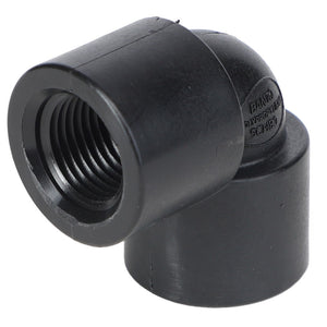 No current product description available for the AGCO | Elbow Fitting - Ag051125, a black plastic elbow pipe fitting with female threaded ends, designed for connecting two pipes at a 90-degree angle.