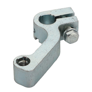 No current product description available for the AGCO Lever - Acp0665860, a metallic clamp featuring a bolt and two circular openings, one threaded and the other smooth.