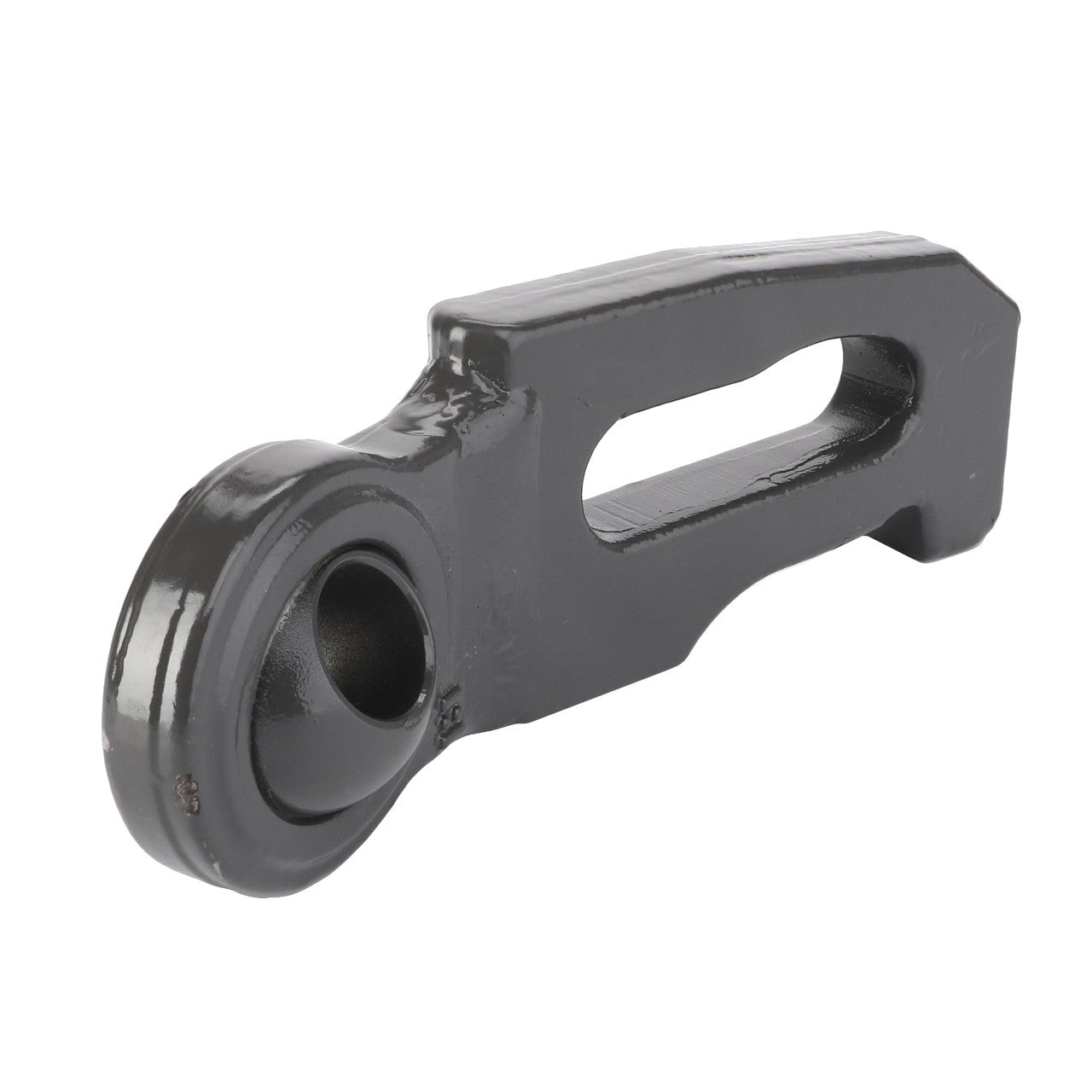 The AGCO Stub - Acp0340500, a black metal connecting rod with a circular hole at one end and an elongated slot at the other, lies on a white background.