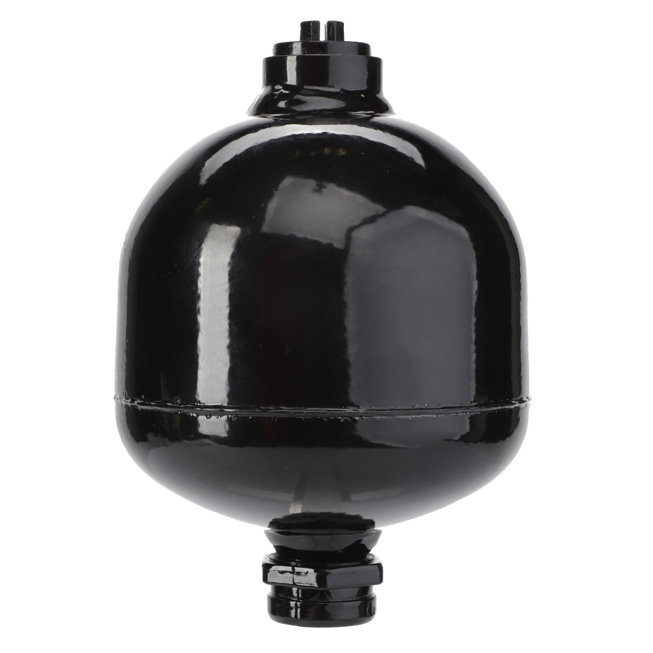 The AGCO Diaphragm Accumulator, 0.75 L - D45148500, is a black, cylindrical metal air receiver tank with hose connections on both the top and bottom, making it ideal for energy storage applications.