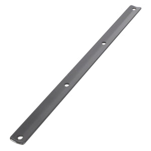 The AGCO | Backplate - Acx2772870 features a long, thin metal strip with four evenly spaced holes. The two outer holes are located at either end, while the two inner holes are equidistantly positioned in the center. 

