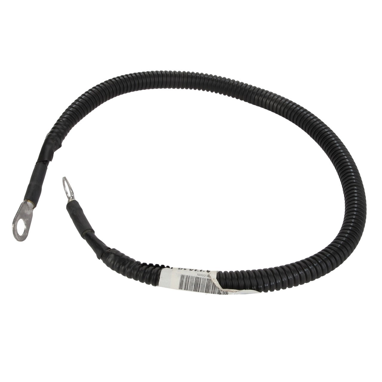 The AGCO | CABLE - AG123434 is an insulated black cable featuring metal loops at both ends. It comes coiled and labeled with a barcode. Currently, there is no additional product description information available.