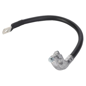 The AGCO | Cable, Battery, Negative - La313285900 by AGCO is a black battery cable featuring a metal clamp terminal at one end and a metal flat lug at the other, suitable for various electrical components to ensure machinery reliability.