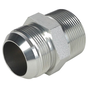 Introducing the AGCO | ADAPTER - AG561364: A silver metal pipe fitting by AGCO, featuring external threads on both ends and a hexagonal section in the middle.