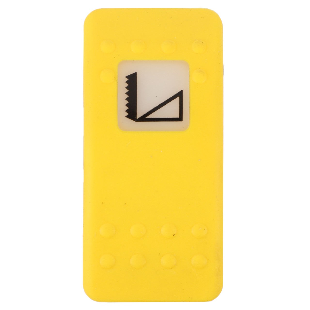 The AGCO SWITCH - D45050029 by AGCO is a rectangular yellow object featuring a small square cutout that displays a zigzag line and an angular symbol. The surface includes several small, raised dots, though its specific purpose remains unclear.