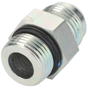 The AGCO | ADAPTER - D46150579 is a silver metal fitting that features dual threaded ends, a central hexagonal nut, and an O-ring nestled between the two threaded sections. No current product description information is available.