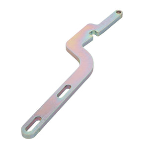 The AGCO Latch Strap - Acx2297270 is a metal bracket with a zigzag shape, featuring two elongated slots and a hole at one end. Additional product description information is not available at the moment.