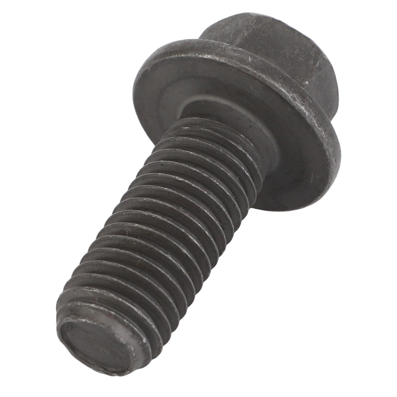 A close-up image of the AGCO Bolt - Acp0224610, which has a hexagonal head and a partial thread. This steel bolt features a washer-like flange under the head. No Current Product Description Available for further specifications.