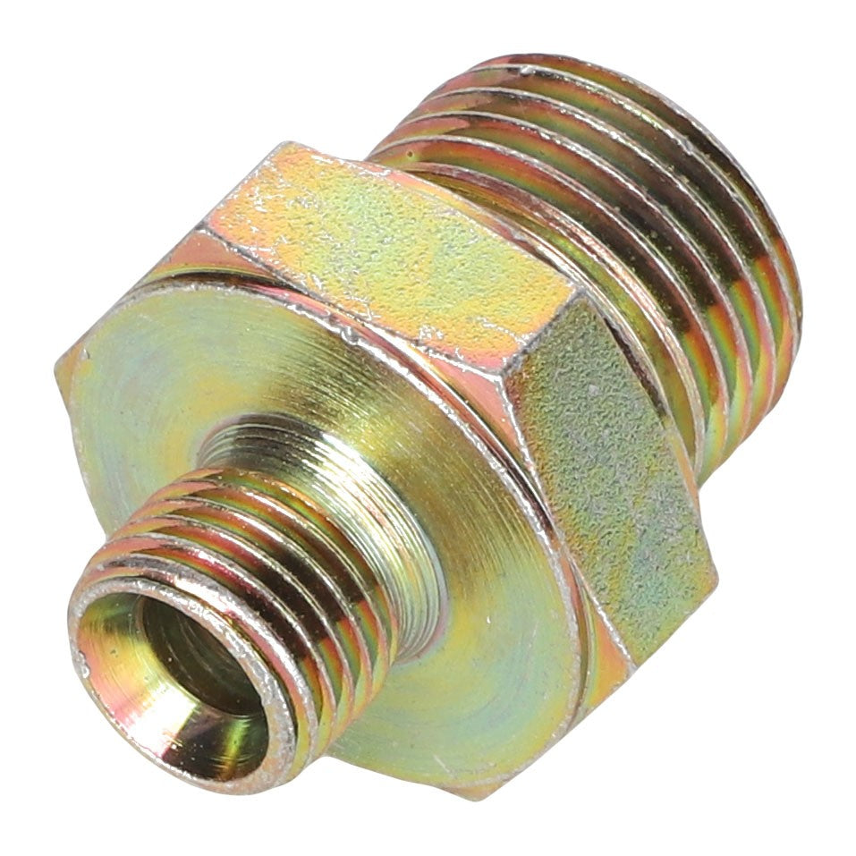 A metallic threaded fitting with a hexagonal center section and two different sized threaded ends. The product is known as AGCO ADAPTER - AL1120110 from the brand AGCO. No current product description information is available.