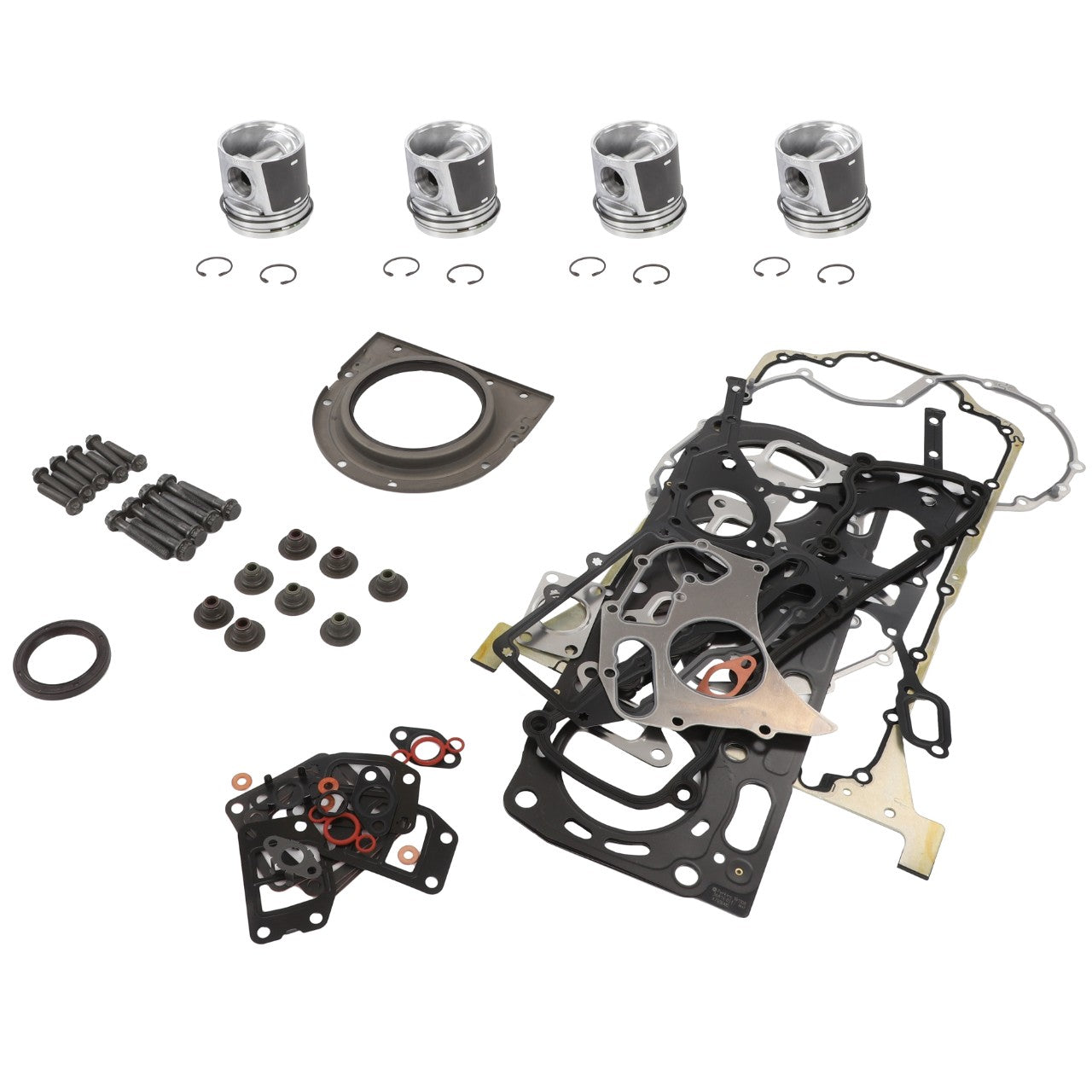 Displayed is the AGCO Kit, Eng. Overhaul - Acp0234160, featuring a collection of engine components such as pistons, gaskets, seals, bolts, and other essential hardware on a white background. Detailed product description currently unavailable.