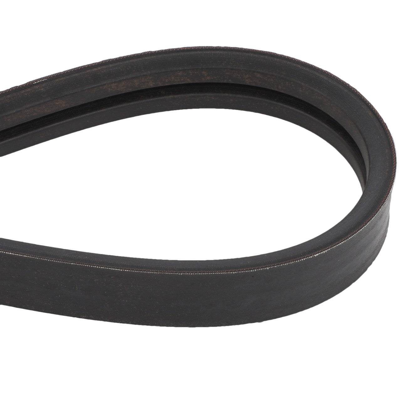 A close-up of the AGCO Belt - Acw1675850, a black, V-shaped rubber belt commonly used in machinery or automotive engines.