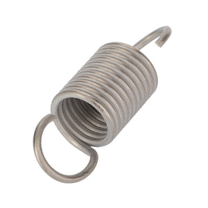 Close-up of a metal tension spring, AGCO Spring - F145873060030, featuring coiled wire and open loops at both ends, used for mechanical applications. Suitable for Massey Ferguson and Fendt models. Measures 45.59mm in length.