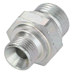 Close-up of the AGCO ADAPTER - AL1120011, a metallic threaded hydraulic adapter featuring a hexagonal middle section and cylindrical ends. No current product description information is available.