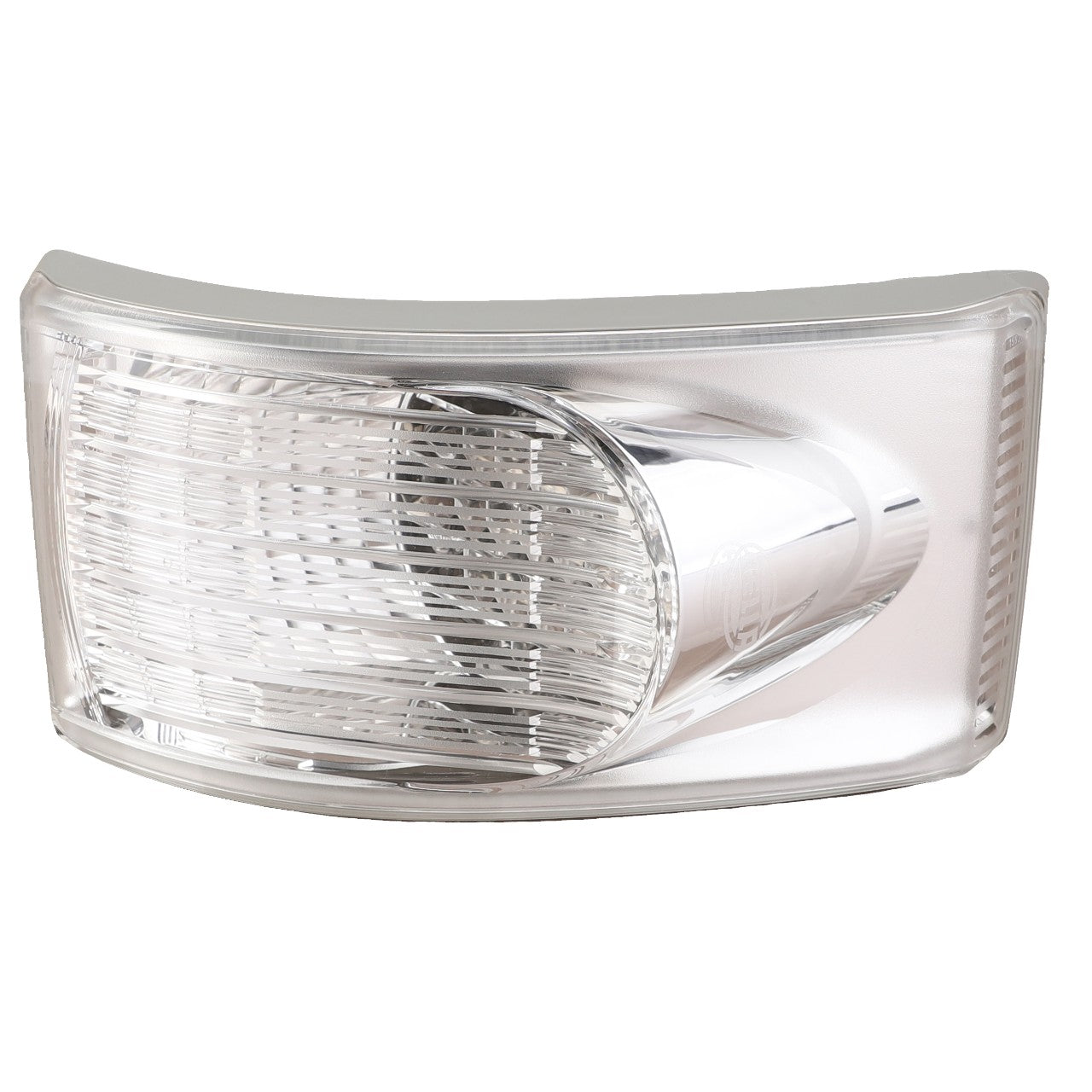 Close-up view of a clear car headlight assembly, featuring a curved rectangular shape with a reflective inner surface, akin to the precision found in AGCO's Rear Light, LED - G931901020221.