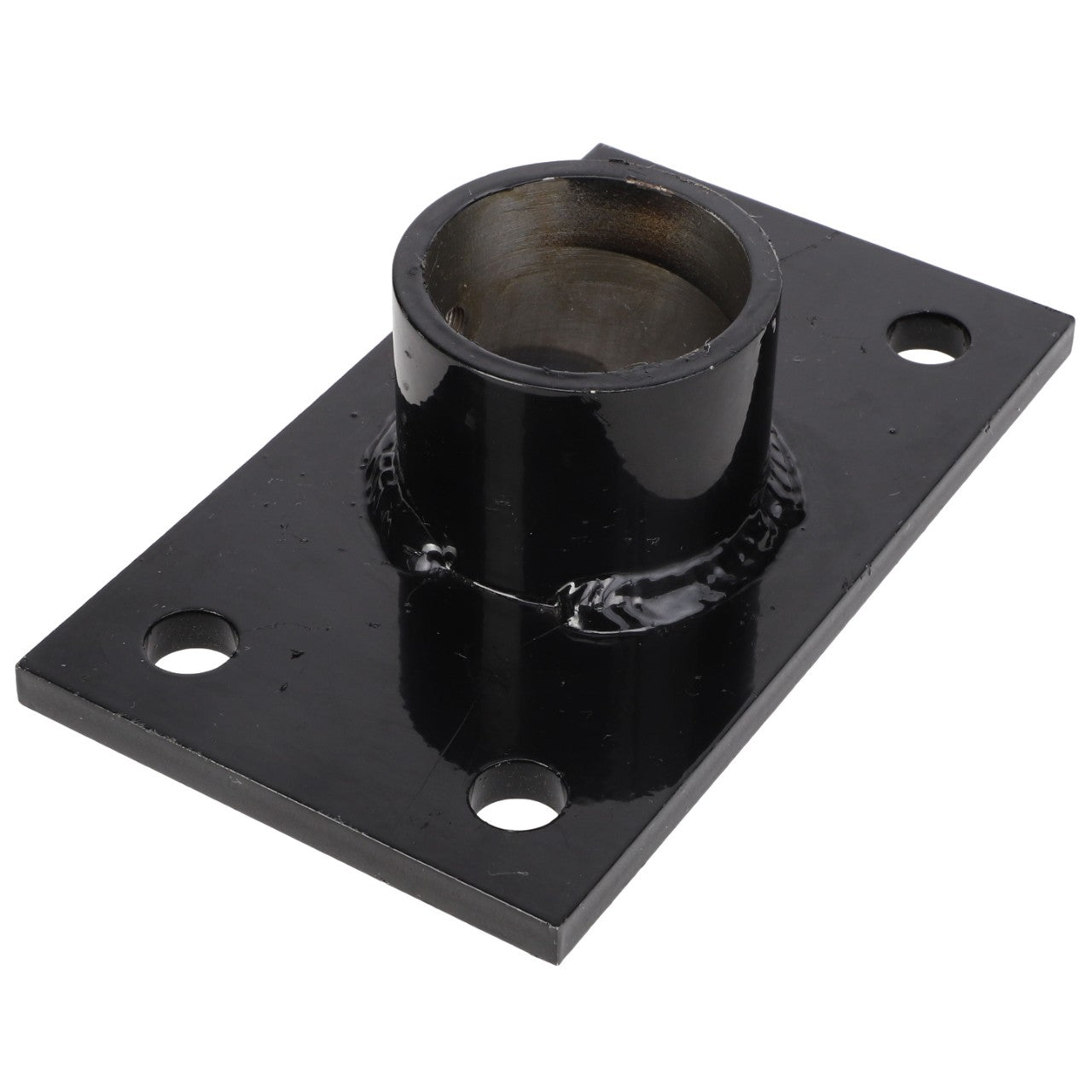 There is no current product description available for the AGCO AXLE - EPA65437, but it is a rectangular black metal bracket featuring a cylindrical pipe attachment in the center and four mounting holes at the corners. This product is branded by AGCO.