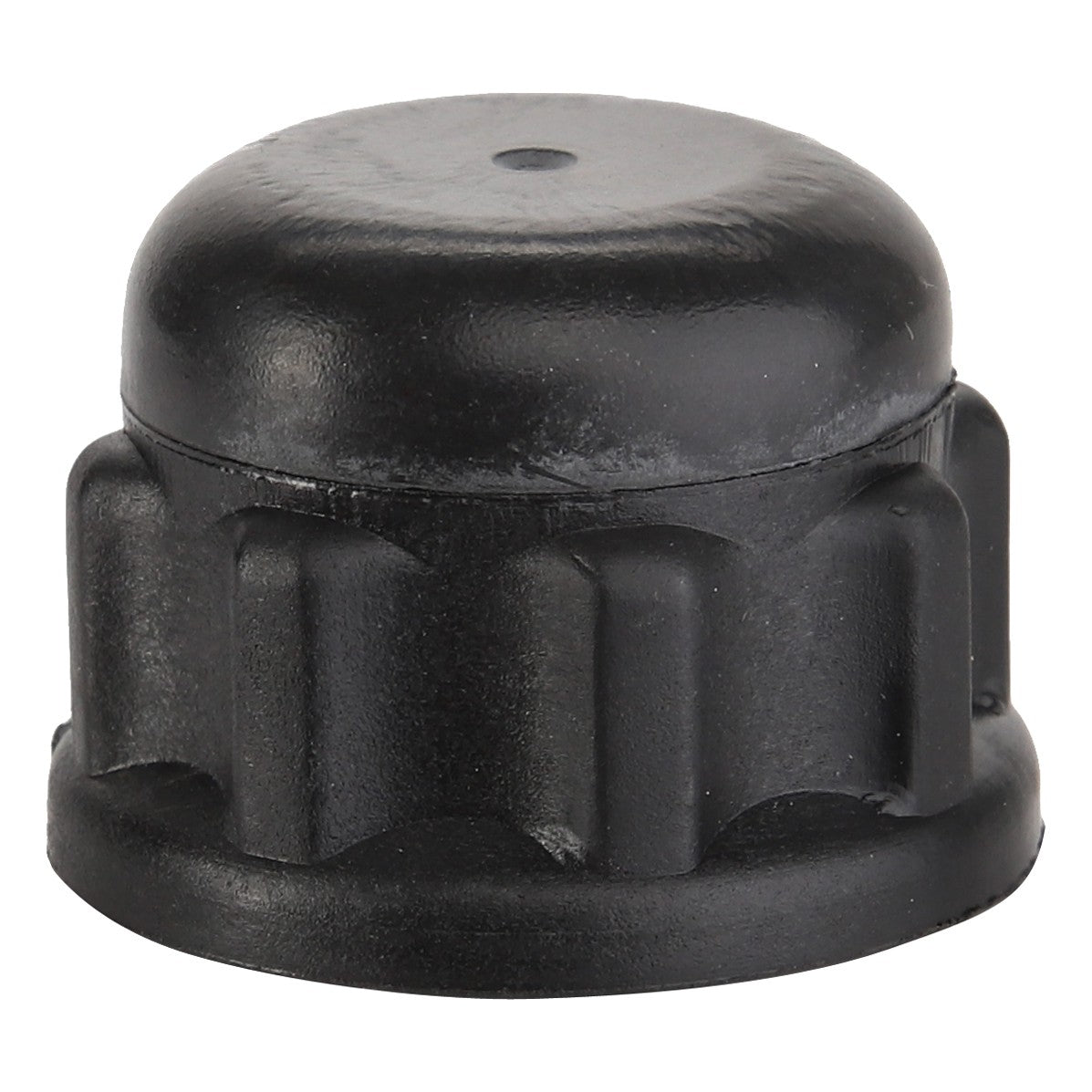 A close-up of the AGCO | Cap - 0952-58-44-00, a black plastic screw cap with ridged sides and a domed top, reminiscent of the rugged design found in Massey Ferguson machinery.