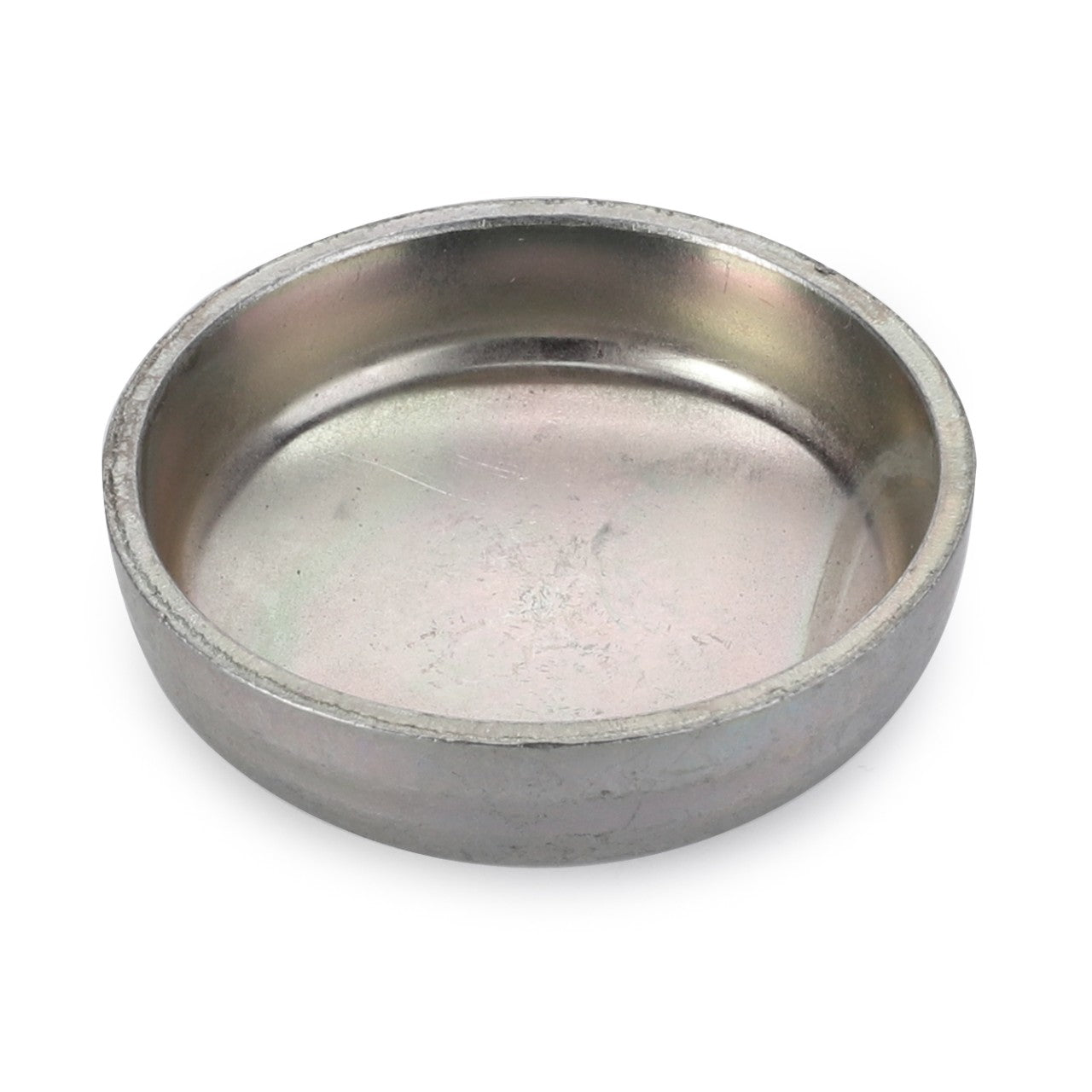 Product Description: AGCO | Cup Plug - 3007458X1 by AGCO. This is a round, shallow metal dish with a smooth interior and edge, presenting a slightly worn or tarnished appearance.