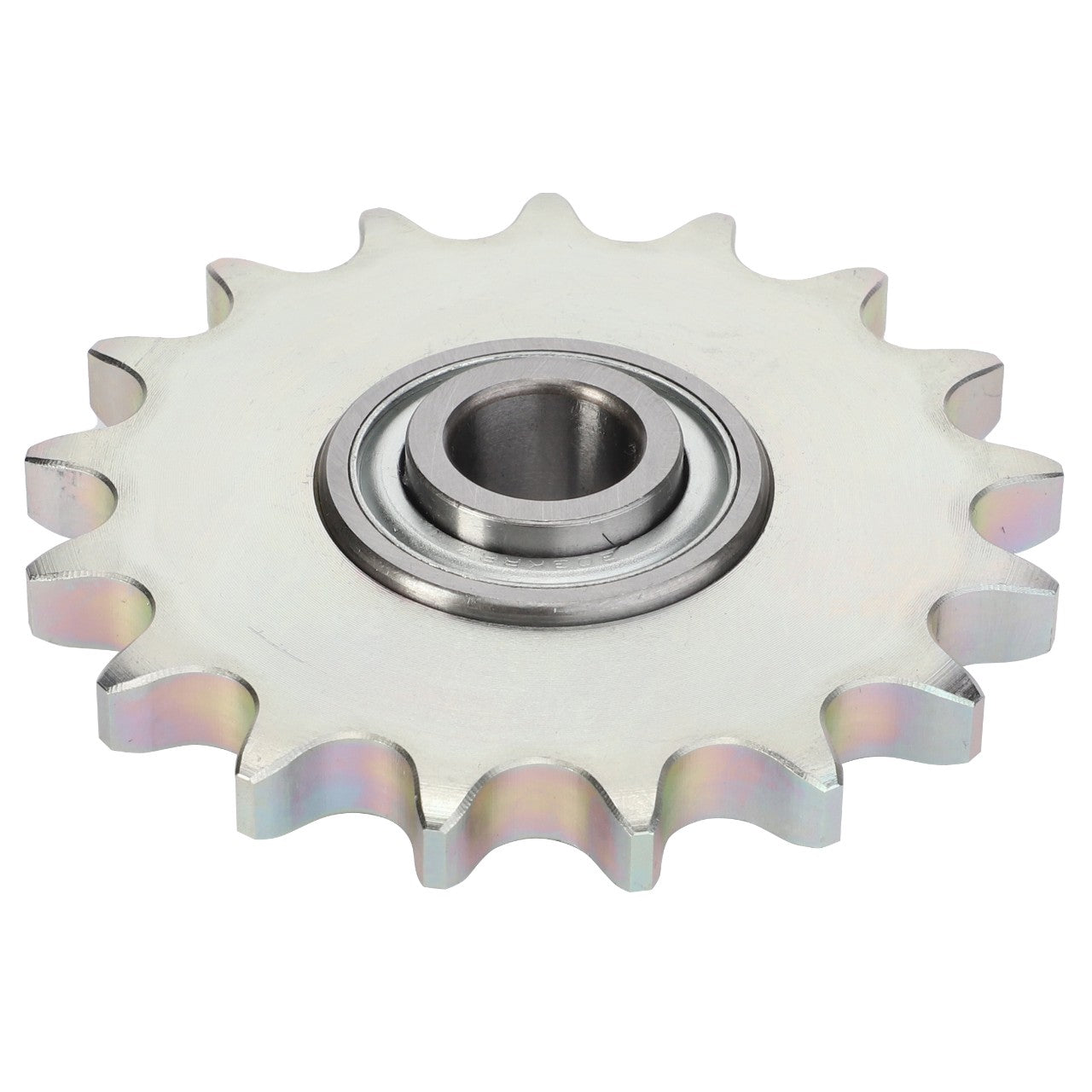 The AGCO Idler Sprocket - Acw2405110 is a sturdy metallic component featuring a high-quality central bearing and 14 evenly spaced teeth around its circumference.