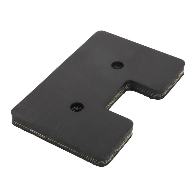 The AGCO Plate - D28550373 is a rectangular black metal bracket with rounded edges, featuring two circular holes and a rectangular cut-out on one side, designed for compatibility with Fendt machinery.