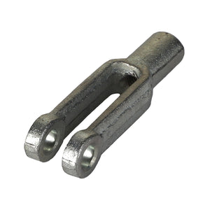 The AGCO | CLEVIS - AG602124 by AGCO is a metal yoke piece with a cylindrical top and two parallel prongs at the bottom, each equipped with a hole for a pin.