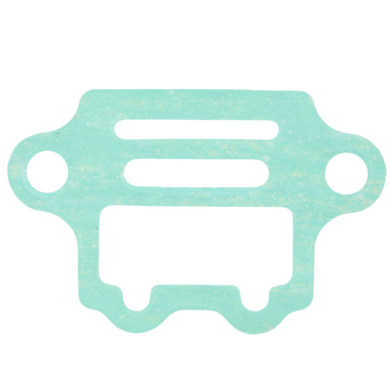 The AGCO Seal - 404150071140, a green gasket compatible with Massey Ferguson and Fendt Vario, features two circular holes on the sides and three rectangular openings in the center.