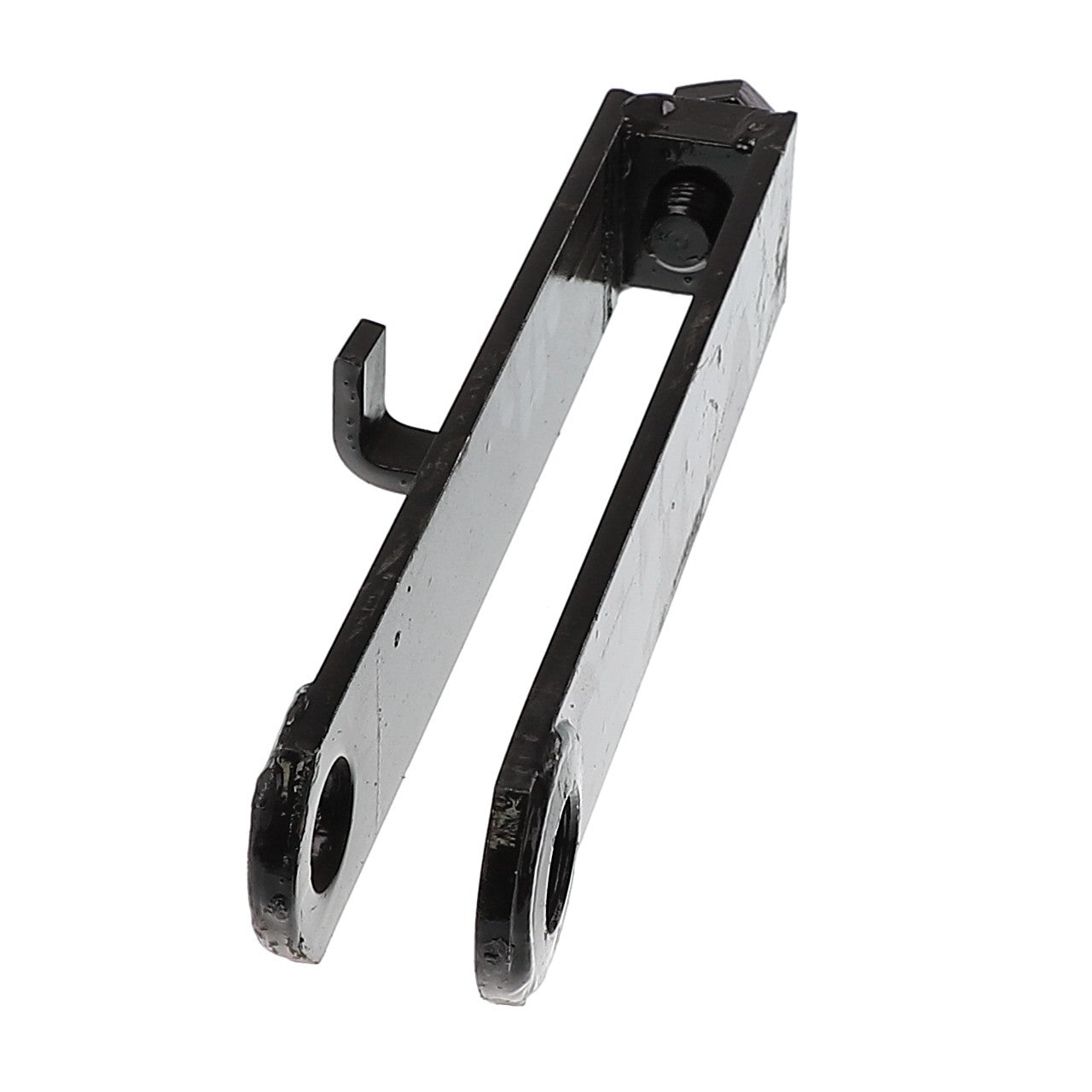 The AGCO RIGHT HAND BRIDLE - AL258142 is a black metal bracket featuring two circular holes at one end and a small hook extending from the side. Currently, there is no additional product description information available.