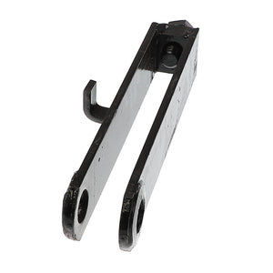 The AGCO RIGHT HAND BRIDLE - AL258142 is a black metal bracket featuring two circular holes at one end and a small hook extending from the side. Currently, there is no additional product description information available.