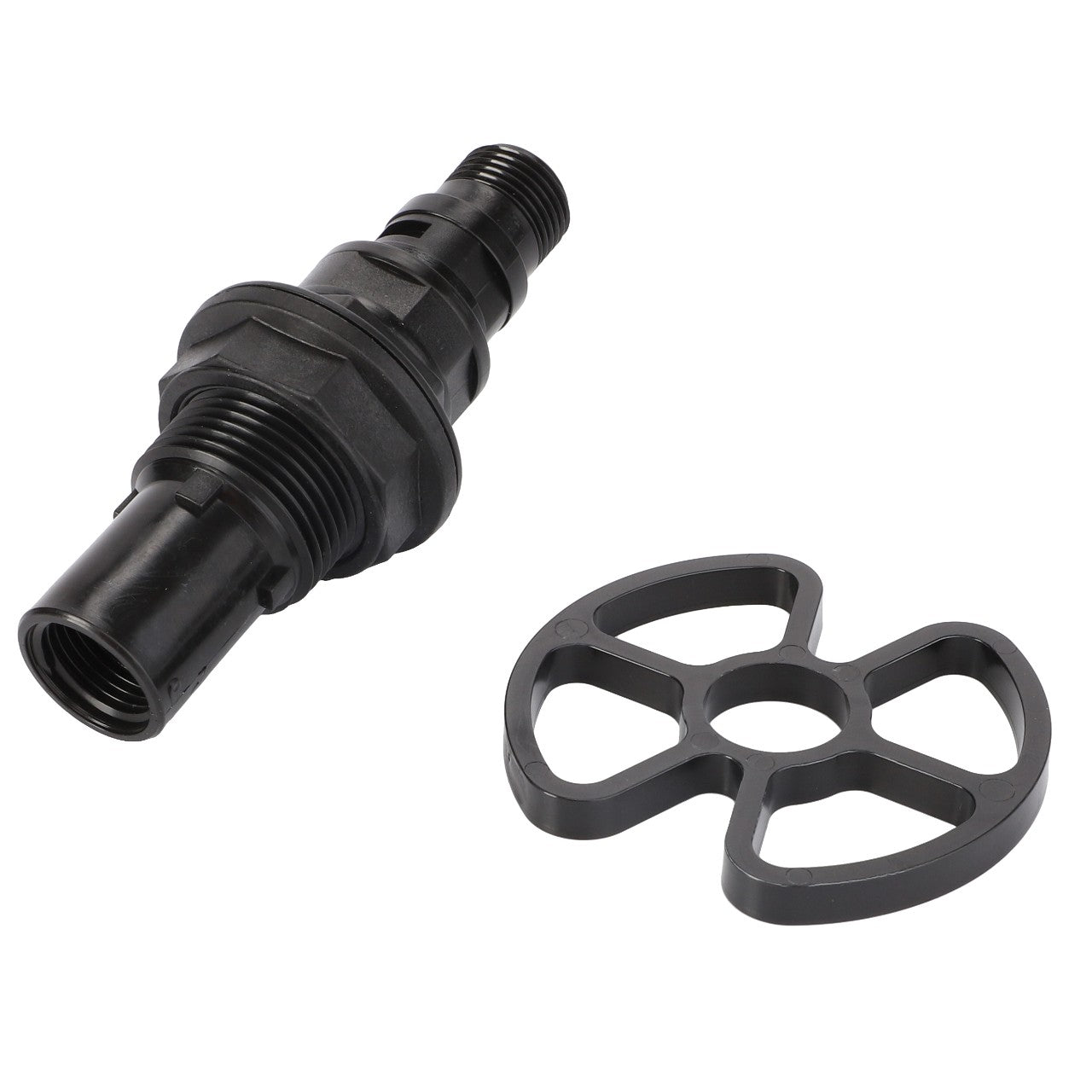 A black mechanical component with threads and ridges, identified as the AGCO | VALVE - AG691106, is positioned next to a black circular plastic part with cutouts. No current product description information is available.