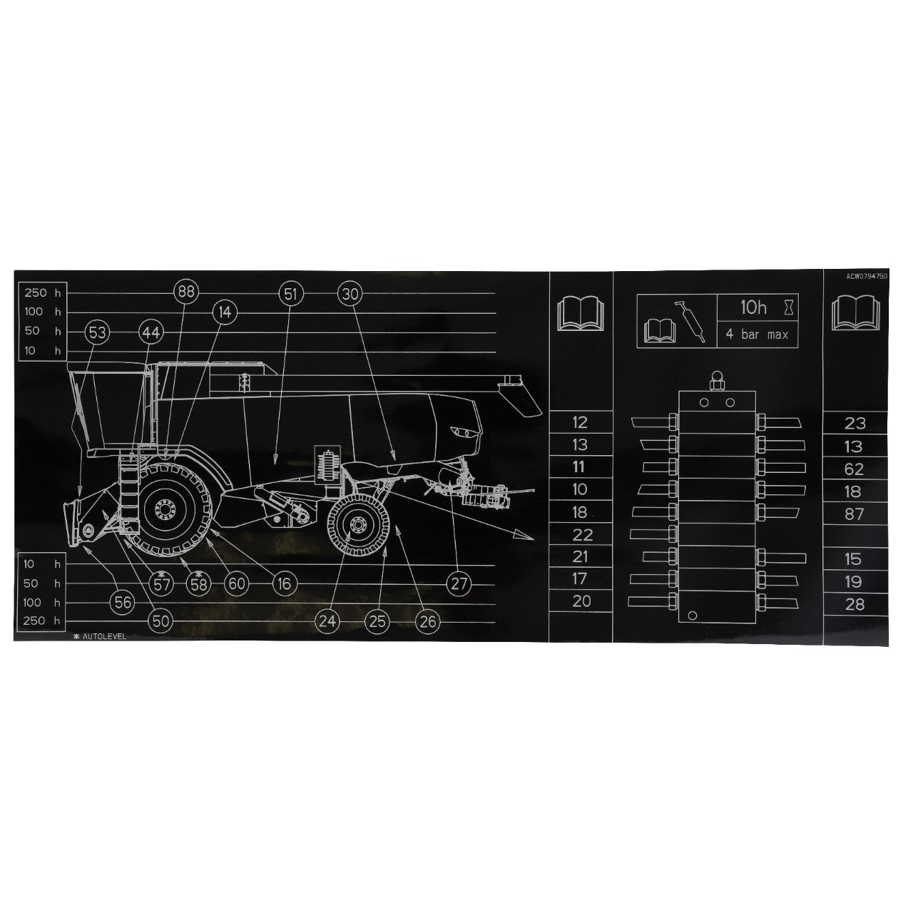 A technical illustration of the AGCO | Decal, Left Hand - Acw0794750 vehicle's side view with numbered parts labeled is provided. On the right, there is a maintenance schedule listing service intervals and part specifications. Currently, no additional product description information is available.