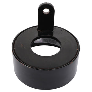 The AGCO Wheel Seal Protector - Sn16853 is a sleek black metal circular object with a central hollow section and an upper tab featuring a hole for convenient attachment.