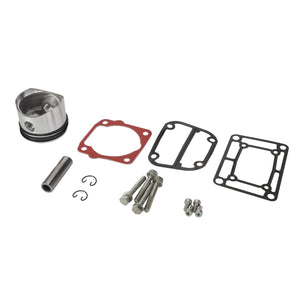 A carefully arranged set of precision-engineered mechanical parts from the AGCO Kit, Piston - Acp0435590, including a piston, gaskets, screws, and clips, displayed on a pristine white background.