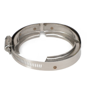 The AGCO | CLAMP - AG143718, a silver metal hose clamp with a screw mechanism for tightening, designed for 1" fittings, lays on a white background.