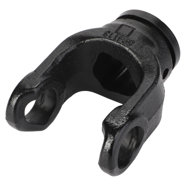 The AGCO Knuckle Joint - Fel103216, a black metal yoke, features two circular openings and an oblong cutout in the center. No current product description is available for this product.