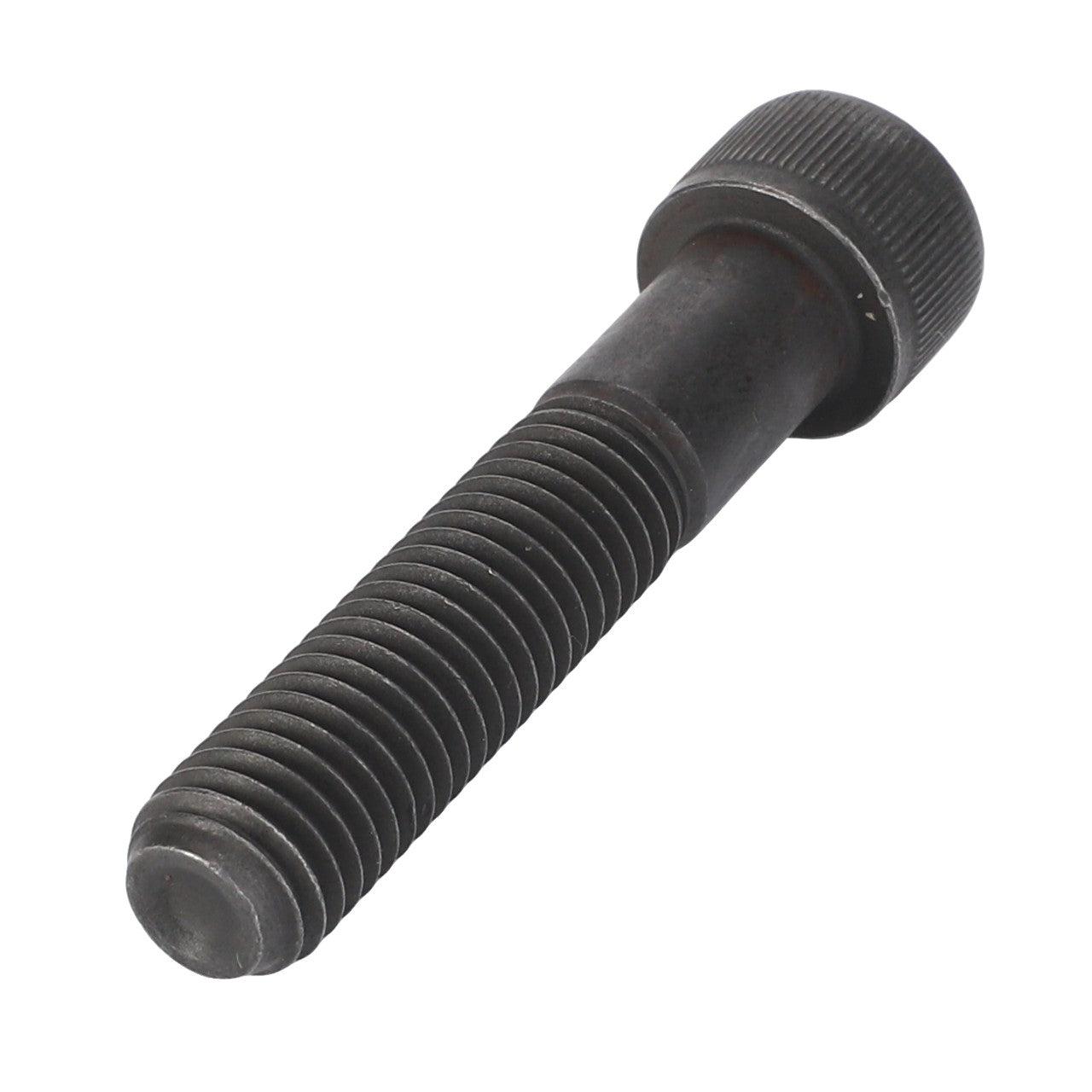 Close-up of the AGCO Hex Socket Screw - 3012031X1, a black metal hex socket screw with a hexagonal socket cap, suitable for use in Fendt Models.