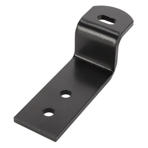 The AGCO | BRACKET - D28981862 is a black metal mounting bracket featuring three holes: one elongated hole on the raised end and two circular holes on the flat section. Currently, there is no additional product description information available.