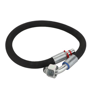 The AGCO Hydr. Hose - Acw0182940 by AGCO is a black hydraulic hose equipped with metal fittings on both ends. One end features a hexagonal nut connector, while the other end has a circular connector with a red ring. Unfortunately, there is no current product description available for this specific model.