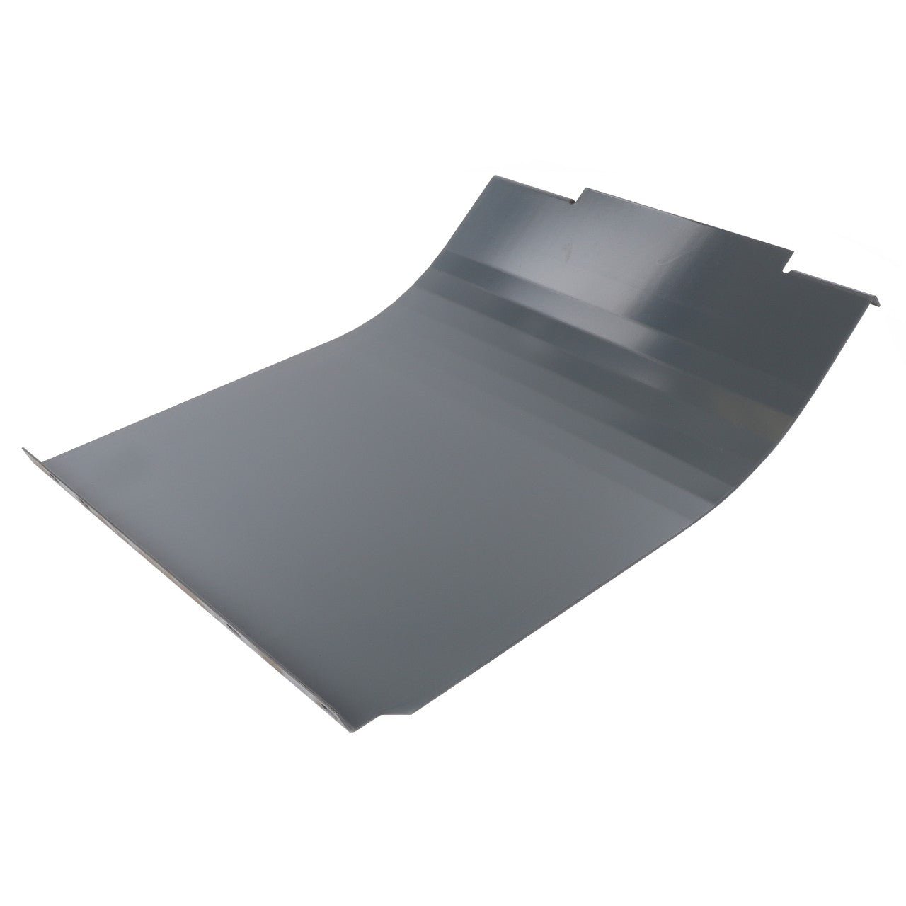 A gray, slightly curved metal flashing with a smooth surface against a plain white background, designed for peak efficiency and maximum uptime with the AGCO Wearplate, Header Skid Shoe - D28283254.