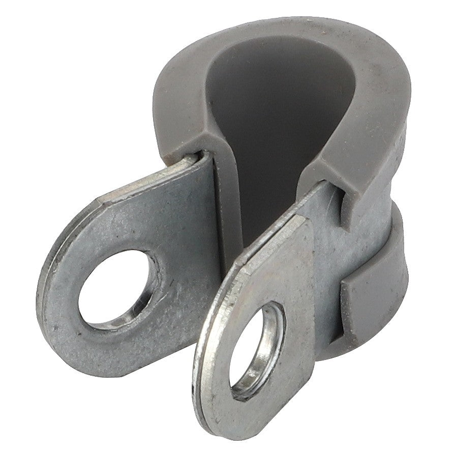 A close-up of the AGCO Pipe Clamp - F119200090140, featuring a metal and rubber construction with two mounting holes. No current product description available for this item.