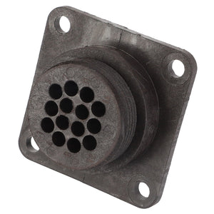 Product Description: The AGCO Connector - D45010009 is a circular metal connector with 13 pinholes, securely mounted on a square plate featuring four screw holes in each corner. No additional current product description information is available for this item.